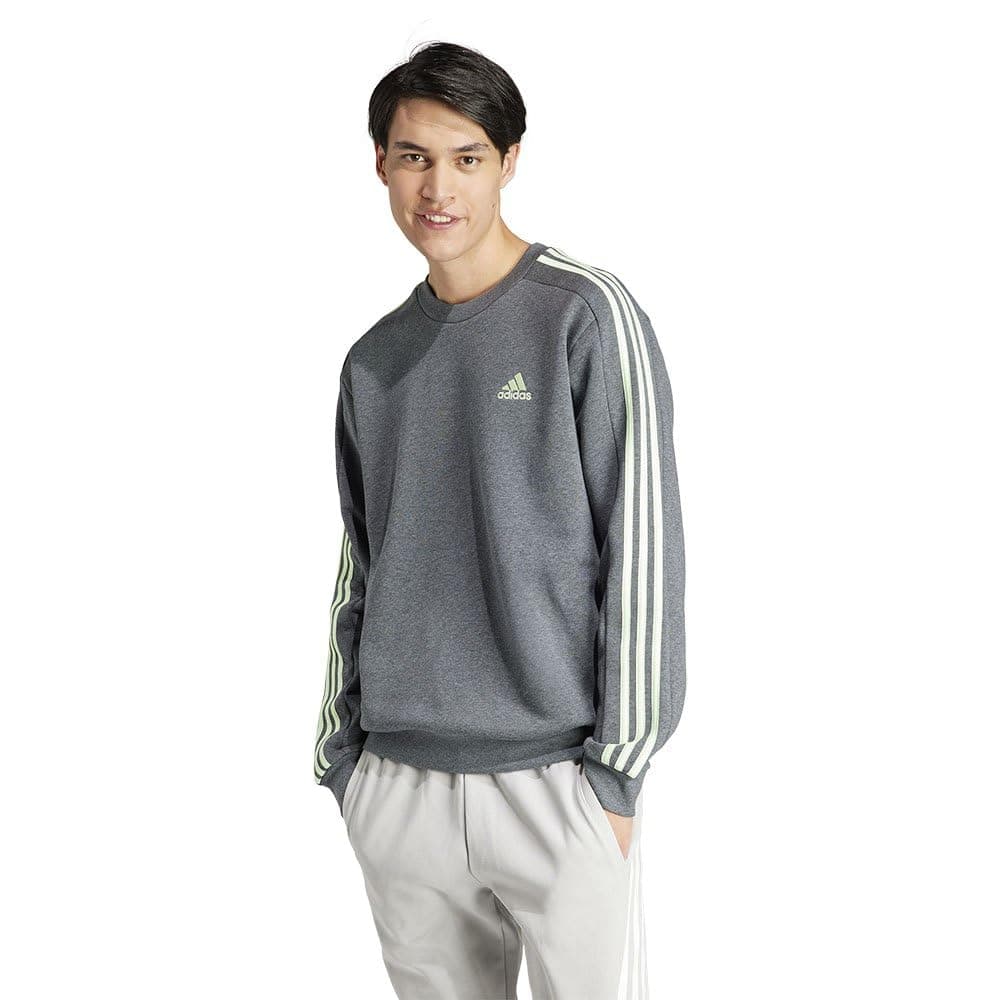 adidas Essentials Fleece 3-Stripes Sweatshirt Sudadera, Dark Grey Heather/Semi Green Spark, M Men's