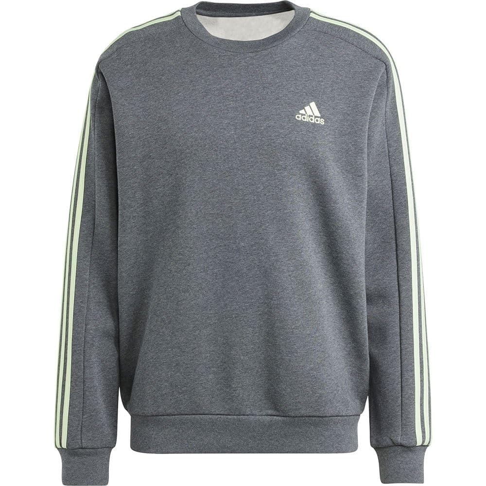 adidas Essentials Fleece 3-Stripes Sweatshirt Sudadera, Dark Grey Heather/Semi Green Spark, S Men's