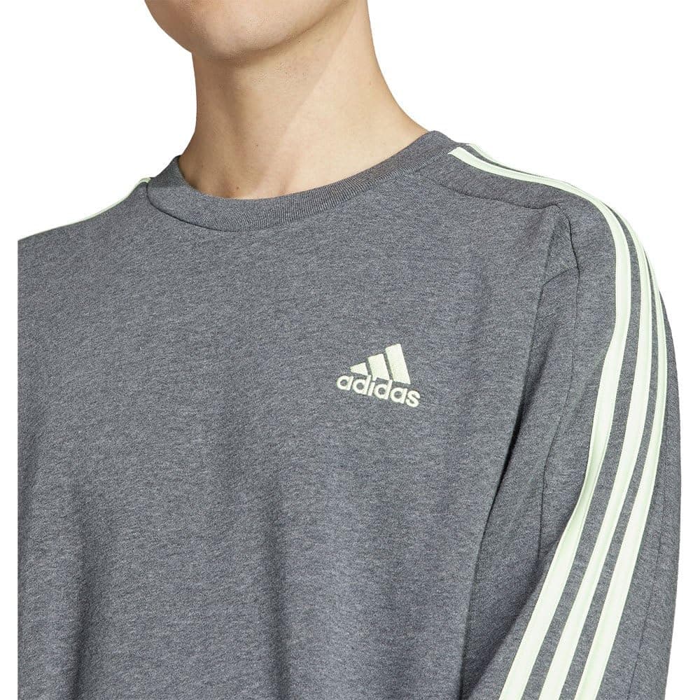 adidas Essentials Fleece 3-Stripes Sweatshirt Sudadera, Dark Grey Heather/Semi Green Spark, S Men's