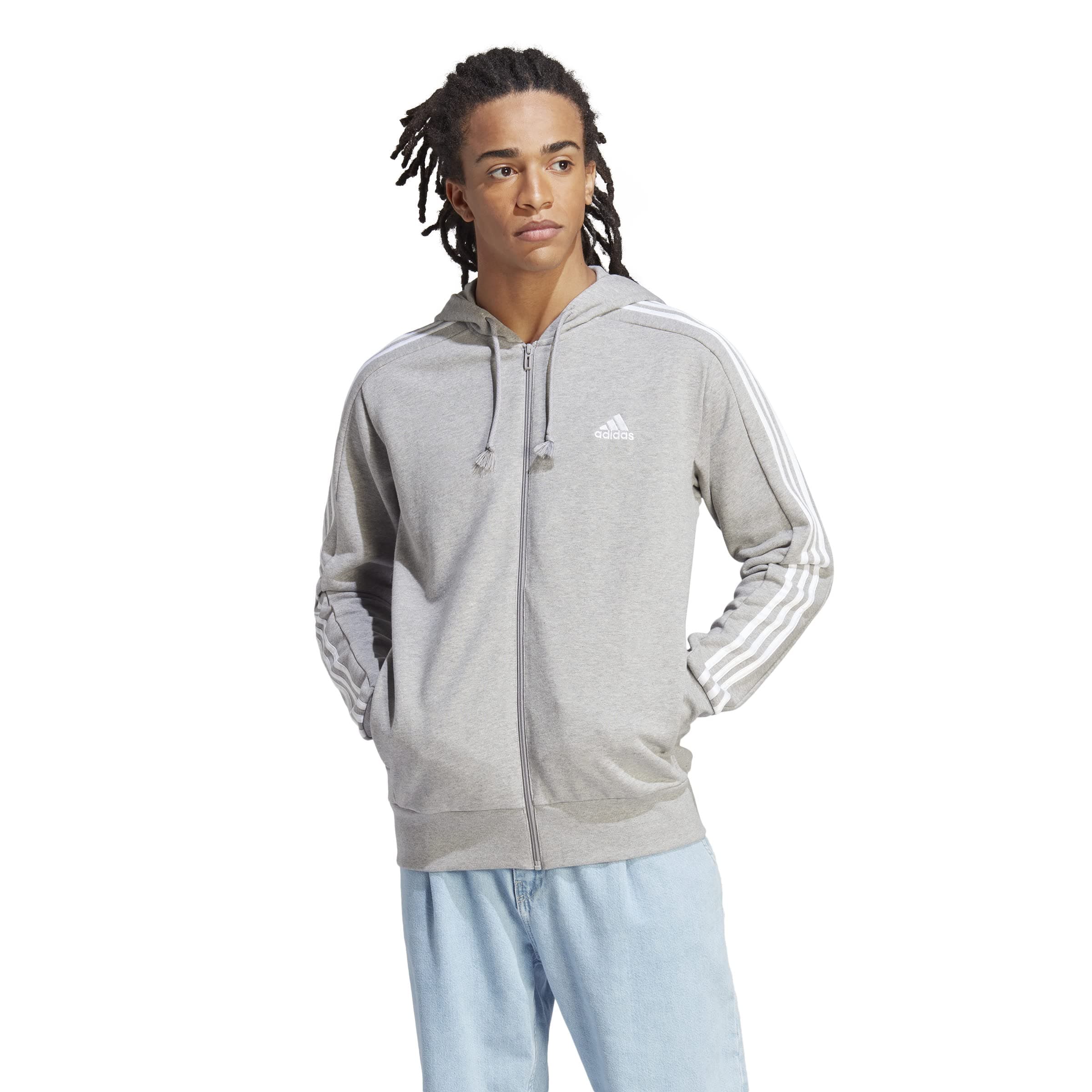 adidas Essentials French Terry 3-stripes Full-zip Hoodie Sudadera con capucha, Medium Grey Heather/White, M Hombre