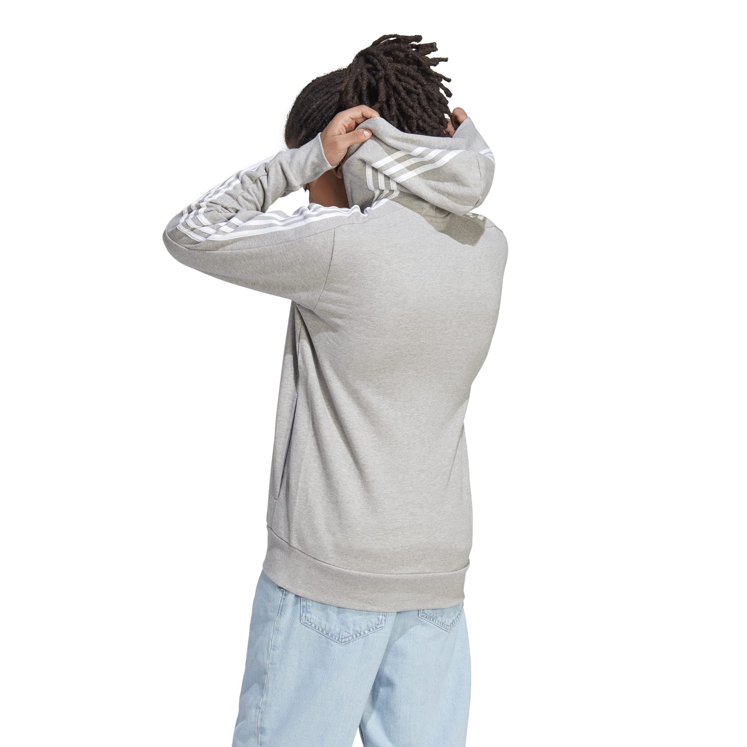adidas Essentials French Terry 3-stripes Full-zip Hoodie Sudadera con capucha, Medium Grey Heather/White, M Hombre