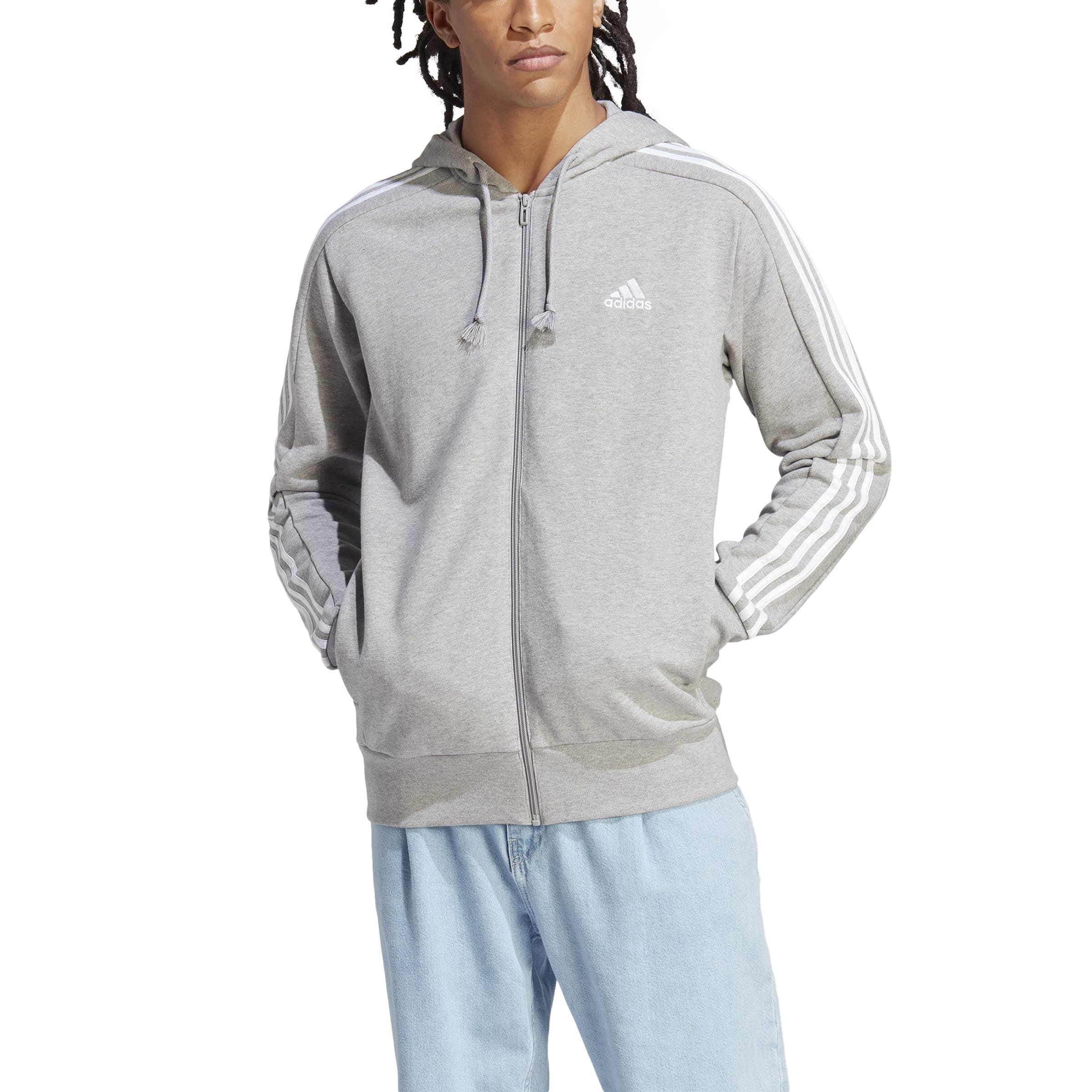adidas Essentials French Terry 3-stripes Full-zip Hoodie Sudadera con capucha, Medium Grey Heather/White, S Hombre